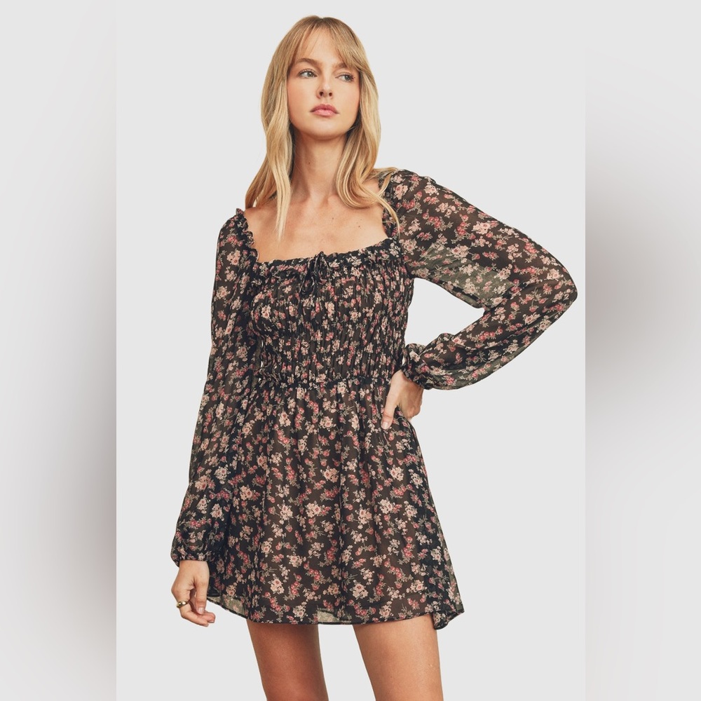 Floral Shirred Long Sleeve Mini Dress